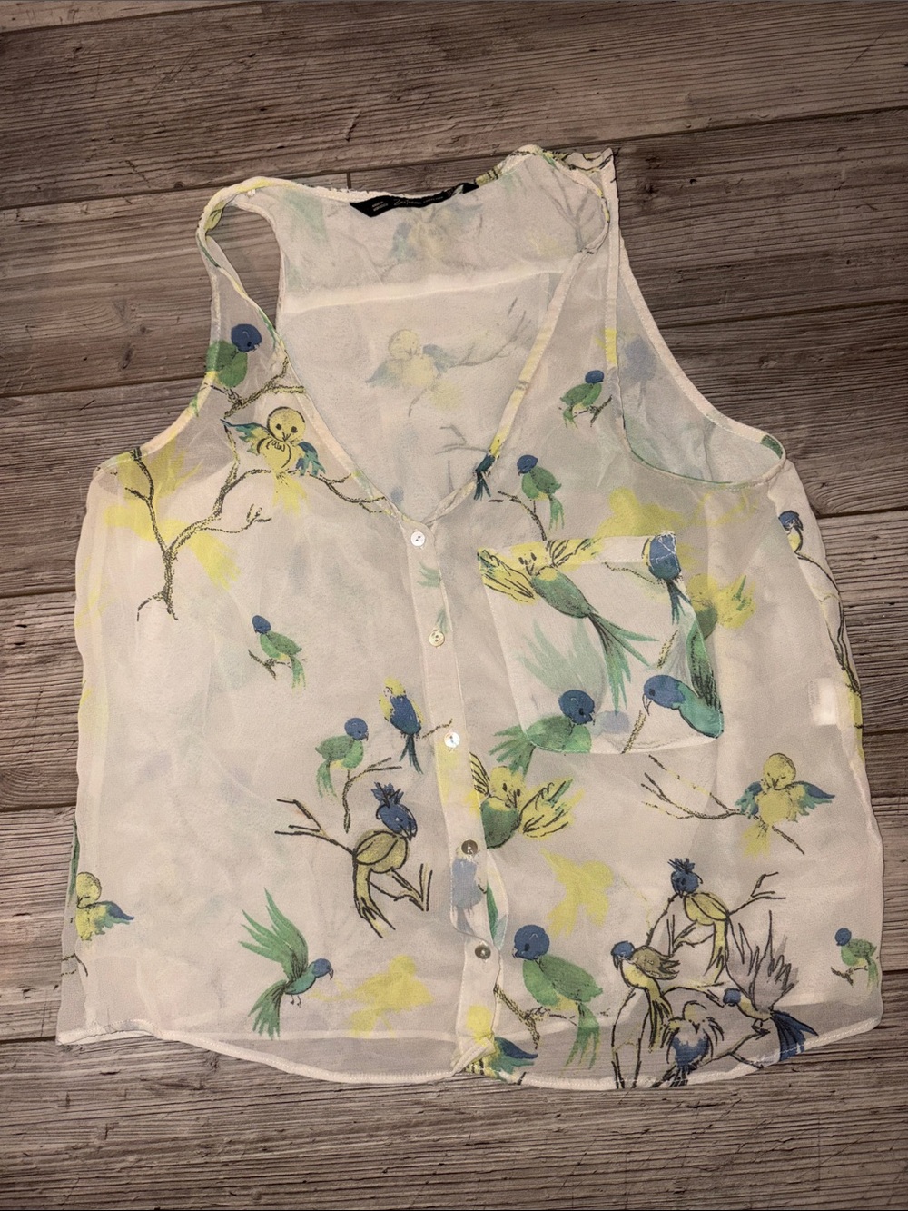 Zara Trafaluc collection Sheer Bird-Print Button Front Tank Top M